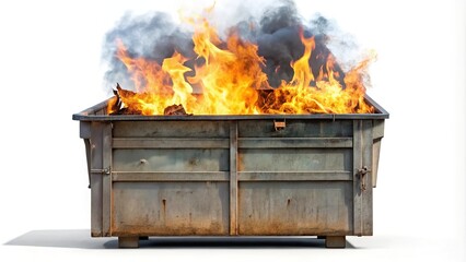 Isolated burning dumpster on white background