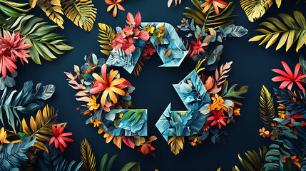 vibrant and dynamic illustration of recycling symbol surrounded by colorful tropical flowers and lush green leaves, emphasizing importance of sustainability and nature