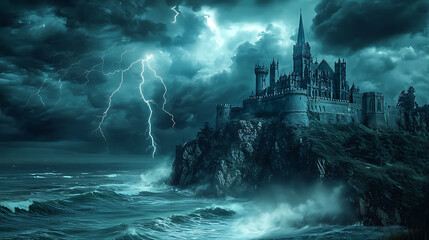 Fototapeta premium fantasy castle perched on cliff overlooking stormy sea, surrounded by dark clouds and lightning. dramatic scene evokes sense of mystery and adventure