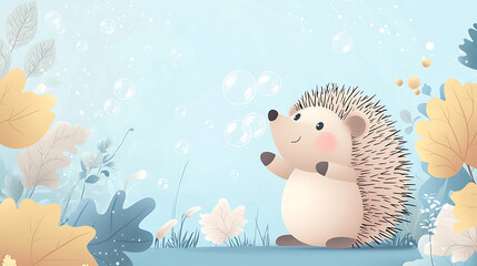 happy hedgehog blowing bubbles in serene park setting, surrounded by colorful leaves and gentle foliage. cheerful atmosphere evokes joy and playfulness