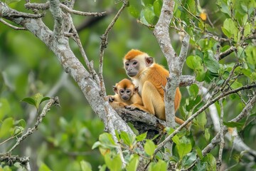 Fototapeta premium Two monkeys perched on a tree branch surrounded by green leaves.