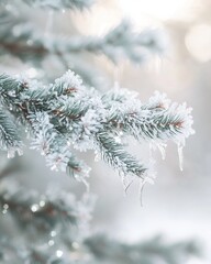 Fototapeta premium A close-up of frost-covered evergreen branches, with icicles sparkling in the soft morning light on Winter