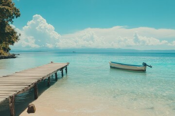 Fototapeta premium Calm Beach Scene with Boat and Wooden Pier