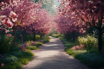 Vibrant Cherry Blossom Pathway in Spring