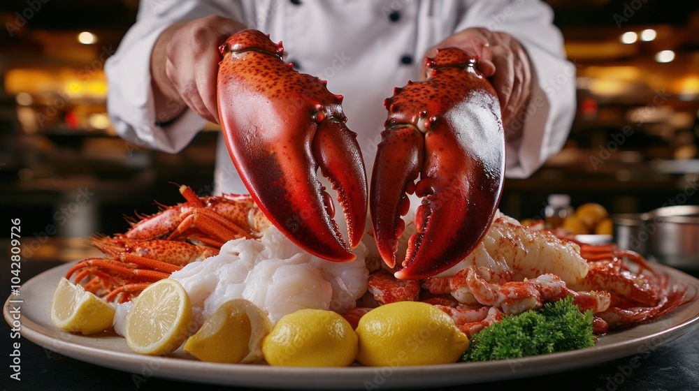 Poster A chef presenting a platter of seafood, featuring lobster, shrimp, and lemon garnishes.