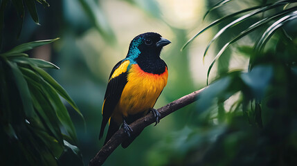 macro shot of colorful bird perched on branch, surrounded by lush greenery, showcasing its vibrant plumage and striking features. scene evokes sense of tranquility and connection with nature