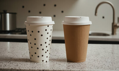 Disposable Coffee Cups on Speckled Countertop: Modern Kitchen Essentials