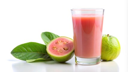 Fototapeta premium Isolated guava juice glass on white background with tropical flavor