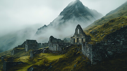 mystical mountain peak shrouded in fog overlooks ancient stone ruins, creating atmosphere of mystery and history. lush green landscape adds to enchanting scene