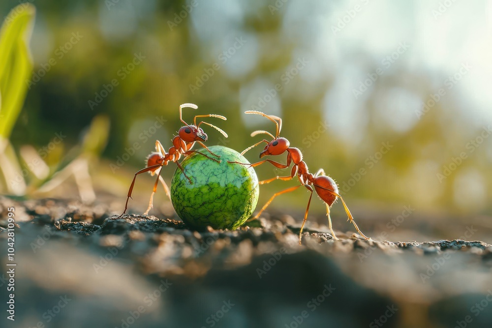 Wall mural ants carrying green ball under natural light