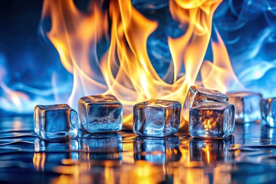 Extreme close-up of flamy ice cubes on a blue water background