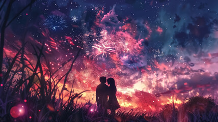 Silhouette of a couple watching fireworks – placed against …