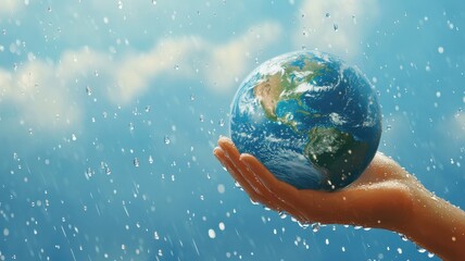 Environment Earth Day In the hands holding earth with Heavy rain and storm,Saving environment,Global Warming,environmentally sustainable,Save Earth,Disaster,Concept the Environment World Earth Day.