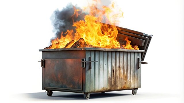 Isolated trash burning uncontrollably in a dumpster fire against a white background