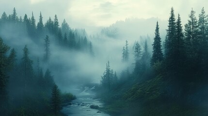 Misty Forest River Landscape