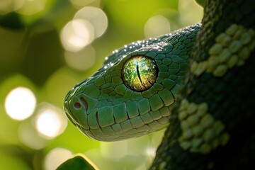 Obraz premium Close-up of a vibrant green snake with striking eyes amidst a blurred natural background.