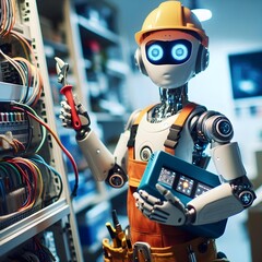 Future of Maintenance: AI-Powered Solutions - A scene of an AI robot working alongside a human electrician, demonstrating the collaborative potential of AI in the field of electrical repair