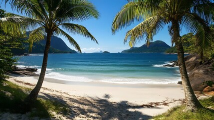 Fototapeta premium Tranquil Tropical Beach with Swaying Palm Trees and Turquoise Ocean Waves