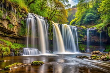 Obraz premium Extreme close-up of Sgwd Ddwli Isaf waterfalls on the river Neath in South Wales