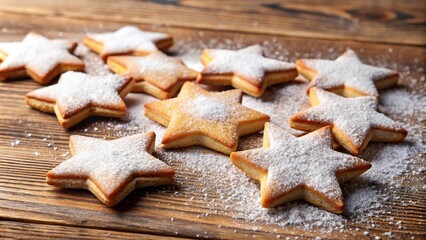 Extreme close-up of star shaped cookies dusted with powdered sugar on wooden table