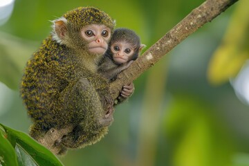 Obraz premium A mother monkey and her baby cling to a branch in a lush green environment.