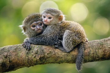 Fototapeta premium Two adorable monkeys cuddling on a tree branch in a natural setting.