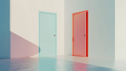 Minimalist digital doors representing new opportunities in serene environment. contrasting colors create sense of curiosity and exploration