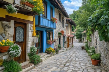 Fototapeta premium Charming cobblestone street lined with colorful houses and vibrant flowers.