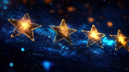 A digital depiction of glowing stars against a blue background, symbolizing ratings or achievements.