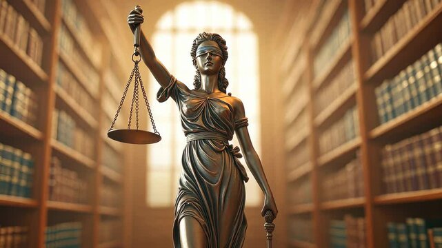 A symbolic representation of justice, featuring a statue of Lady Justice holding scales in a library filled with books.