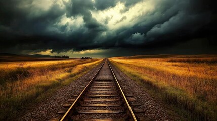 Obraz premium Dramatic Railway Tracks Under Dark Stormy Sky