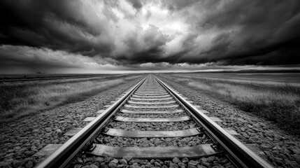 Obraz premium Long Stretch of Railway Tracks Under Dramatic Sky