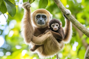 Fototapeta premium A mother gibbon holds her baby while hanging from a tree in a lush green environment.