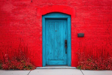 Blue Doorway on a Red Brick Wall with Plants