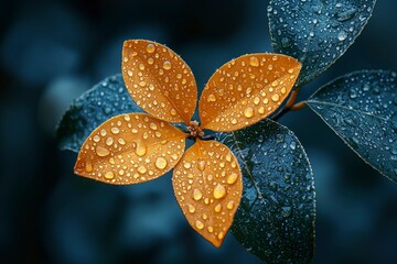 Dew-Covered Leaves in a Starburst Pattern