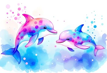 Fototapeta premium Cute cartoon couple of dolphins. Vector illustration of sea animals on a blue background with bubbles. 