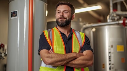 Smiling Worker in Safety Vest Near Water Heaters