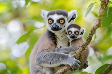 Obraz premium A lemur and its baby perched on a branch amidst lush green foliage.