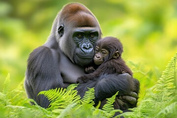Obraz premium A gorilla lovingly holds its baby amidst lush greenery.