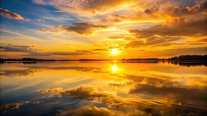 Extreme close-up sunset over lake with yellow reflection in water