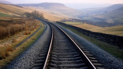Obraz premium Scenic Rail Tracks Curving Through Open Landscape