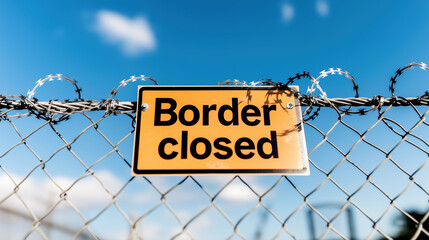 Border closed sign on fence with barbed wire, indicating restricted access