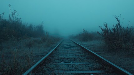 Fototapeta premium Foggy Railway Tracks in Serene Landscape