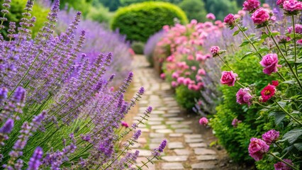 Obraz premium Extreme close-up view of footpath amidst purple catnip and roses in summer garden