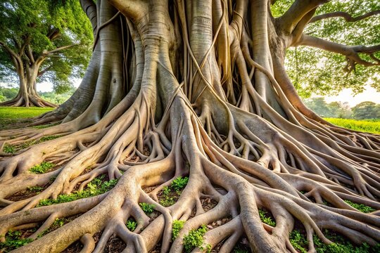 Extreme close-up view of external roots of Ficus pertusa tree in nature, showcasing intricate textures