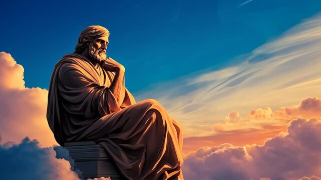 A majestic statue of a thoughtful philosopher, draped in robes, contemplating life amidst soft clouds and vibrant sky.