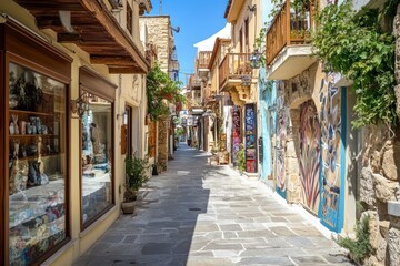 Obraz premium A charming narrow street lined with shops and colorful murals in a Mediterranean setting.