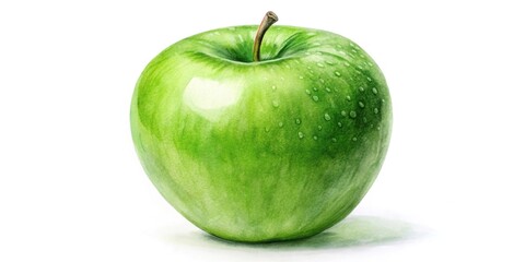 Extreme close-up watercolor painting of a green apple isolated on white background