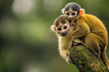 Obraz premium Two playful monkeys perched on a tree branch in a lush green environment.