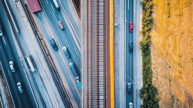 Aerial View of Railway Track Next to Busy Highway